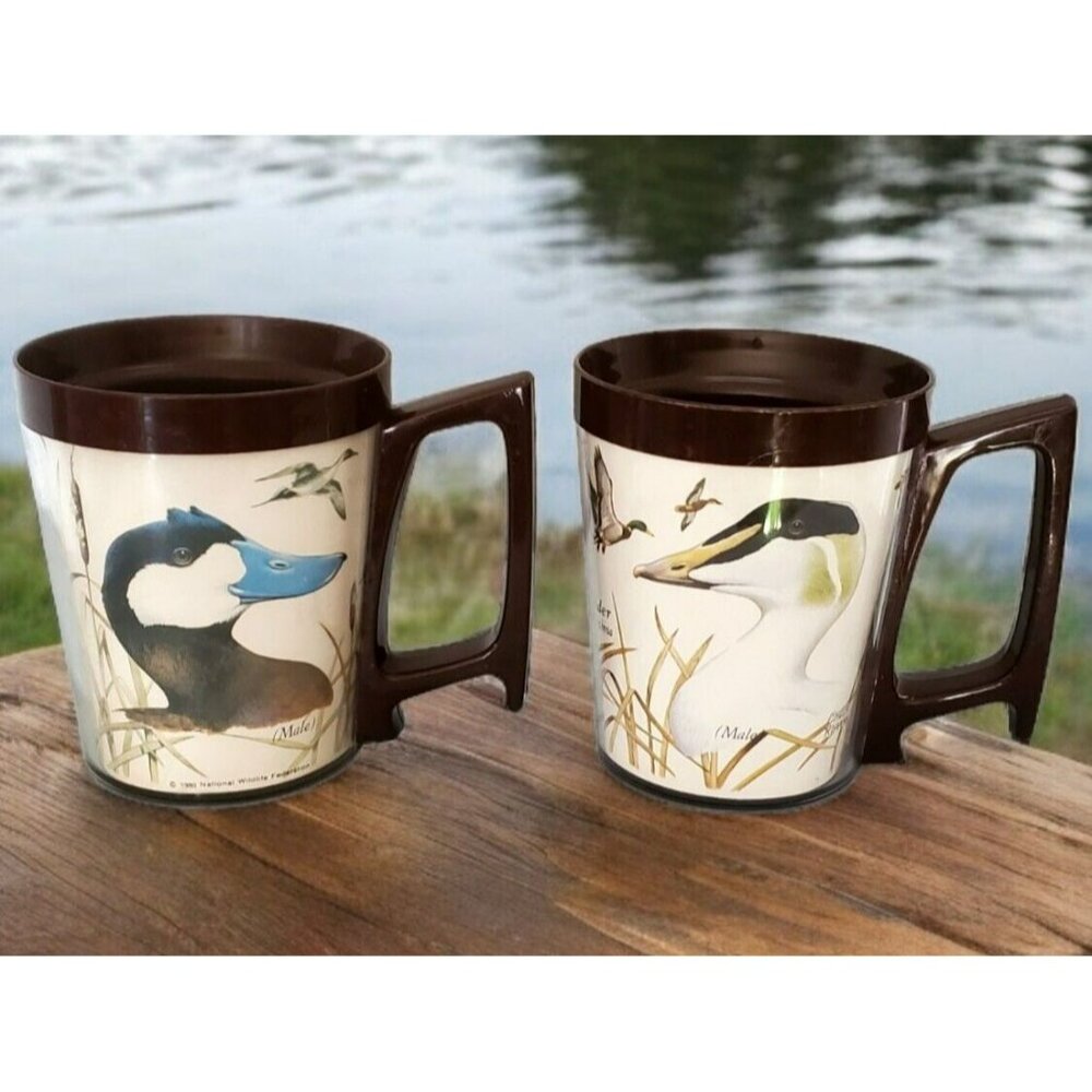 2 Vtg Flambeau Duck Mugs Thermal Coffee Cups Eider Ruddy Waterfowl Outdoors 1980